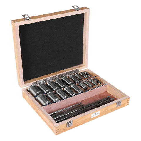 Open wooden case of Keyway Broach Kit For Metalworking Pro Grade Rectangular Broaching Set With 5 Broaches 18 Bushings 7 Shims
