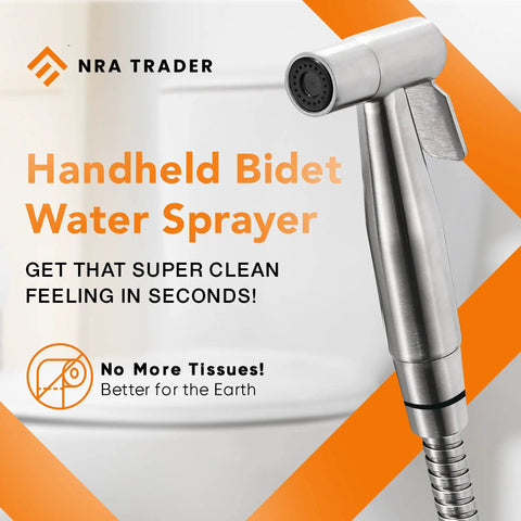Versatile Handheld Bidet Sprayer Kit With Stainless Steel Attachment featured against white and orange background