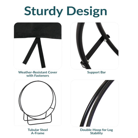 Sturdy design features of 24-Inch Round Firewood Rack With Weatherproof Cover For Indoor Use, showing support and steel frame details.