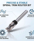 Top Notch Spiral Flush Trim Router Bit For Plywood And MDF 3/8 Inch Diameter with low vibration shank for smooth cutting.