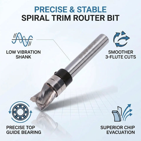 Top Notch Spiral Flush Trim Router Bit For Plywood And MDF 3/8 Inch Diameter with low vibration shank for smooth cutting.