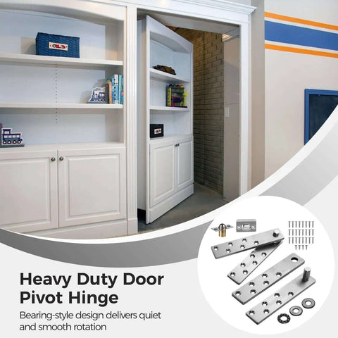 Image of 2 Pack Beefy Heavy Duty Pivot Hinges With Bearing Style Hidden Hardware For Murphy Bookshelf Doors displayed with open hidden door.