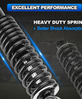 Close-up of heavy duty spring in rear golf cart shock absorber, featuring matte black finish and better shock absorption.