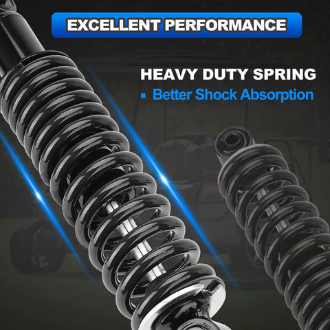 Close-up of heavy duty spring in rear golf cart shock absorber, featuring matte black finish and better shock absorption.