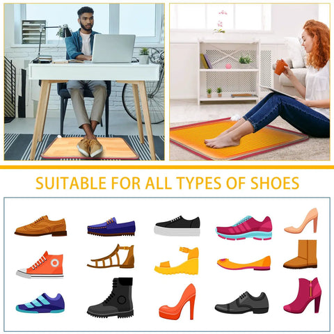 Cozy Foot Warmer Heated Floor Mat with 110V PVC design, under-desk use and compatible with all shoe types, office setup shown.