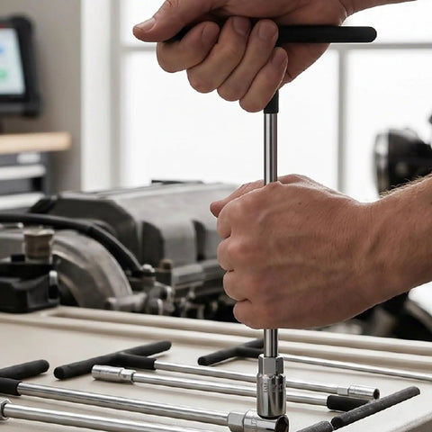 Heavy Duty T Handle Socket Wrench Set for Cars and Bikes, 7 Piece Metric Drive Kit being used to tighten bolts in an engine.