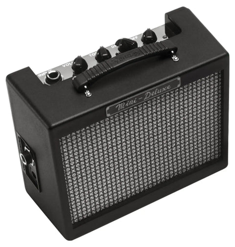 MD 20 Mini Deluxe Guitar Amp Bundle With Power Supply, compact black practice amp, top view with control knobs