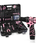 Pink 195 Piece Household Tool Kit With 12V Cordless Drill Driver Women Friendly Power Drill Set In Plastic Toolbox.