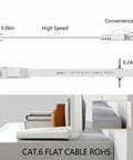 Jadaol Cat6 flat Ethernet cable, side view, white, 50 ft, RJ45 connectors