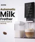 Top Shelf Fully Automatic Espresso Machine With Built In Grinder And Dual Milk Frother preparing creamy milk froth for coffee.