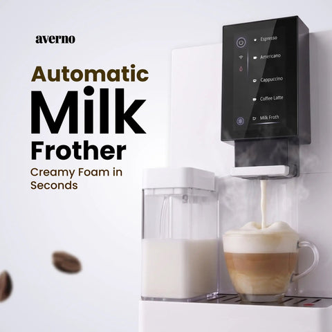 Top Shelf Fully Automatic Espresso Machine With Built In Grinder And Dual Milk Frother preparing creamy milk froth for coffee.