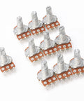 10 Pack B100K Ohm Guitar Potentiometers With Long Knurled Split Shaft For Electric Guitars And Bass displayed on white background.