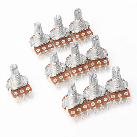10 Pack B100K Ohm Guitar Potentiometers With Long Knurled Split Shaft For Electric Guitars And Bass displayed on white background.