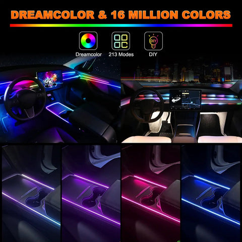 Interior Car LED Strip Lights Kit With Dreamcolor Chasing showing ambient lighting inside car cabins at night.