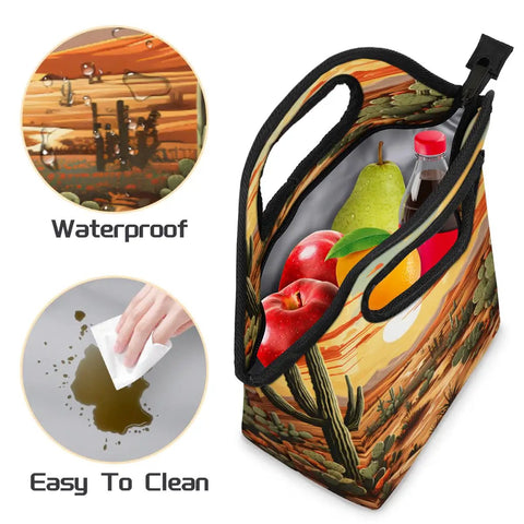 Desert Landscape Cactus Themed Insulated Lunch Bag Go To Lunch Tote For Work Or Picnic with fruit, waterproof and easy to clean