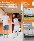 Children jumping in a camper demonstrating stability, showing Premium Cast Aluminum Rv Stabilizer Jacks 4 Pack Heavy Duty Leveling Kit.