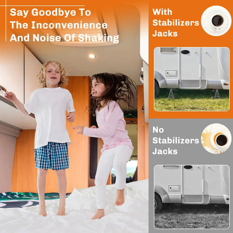 Children jumping in a camper demonstrating stability, showing Premium Cast Aluminum Rv Stabilizer Jacks 4 Pack Heavy Duty Leveling Kit.