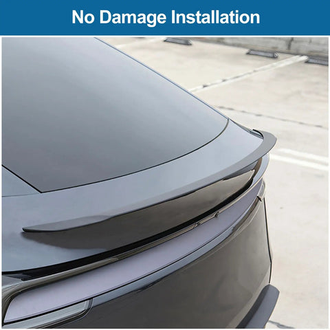 Slick Rear Trunk Spoiler For Tesla Model Y Juniper 2025 2026 Quick Bolt Install, showing no-damage installation on rear trunk.