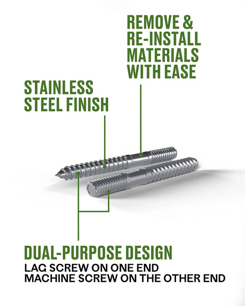 Stainless Steel Hanger Bolts 1/4 20 X 2 1/2 In Double Threaded Wood Metal Fasteners Heavy Duty Drop Dead Solid Ceiling Mount Hardware 25 Pack, showcasing dual-purpose design.