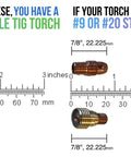 All In One TIG Pro Kit For Style 17 18 And 26 Torches Complete Welding Gear with torch adapter sizes and measurements.