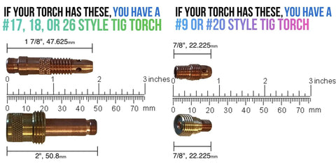 All In One TIG Pro Kit For Style 17 18 And 26 Torches Complete Welding Gear with torch adapter sizes and measurements.