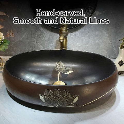 Oval Ceramic Vessel Sink for Bathroom Vanity, Retro Art Countertop Sink Bowl with Faucet, Small and Elegant Vanity Sinks for Home or Balcony (Small) with hand-carved detail.