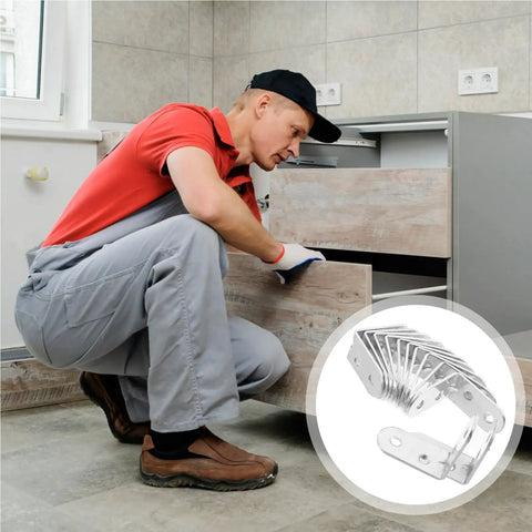 Installer using L Shaped Bracket 90 Degree Right Angle Set 12pcs for Wood Shelves and Cabinets Stainless Steel Corner Brackets
