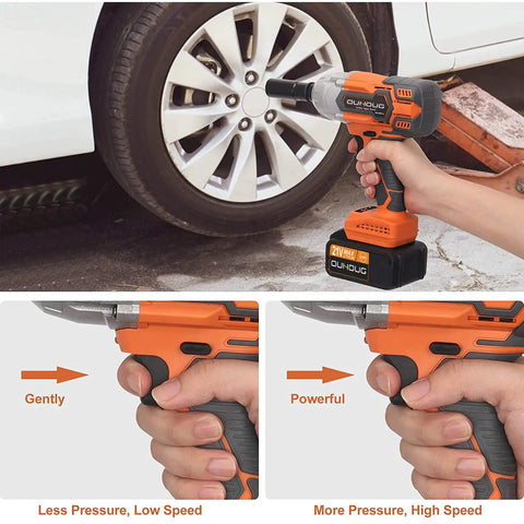 Cordless 1/2-Inch Impact Wrench With 21V Battery, 442 Ft-Lbs Max Torque, 3200 RPM used on car lug nut with pressure settings