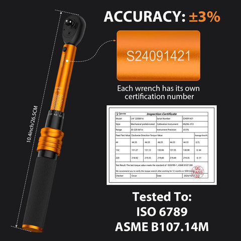 Pro Grade Quarter Inch Torque Wrench Kit With 72 Tooth Click Type 30 To 220 Inch Pound Range Dual Scale Newton Meter And Inch Pound MTB Bike Maintenance Set For Precise Smooth Adjustments On Road Mountain And Trail Bikes 33 Pieces, showing certification number and inspection certificate.