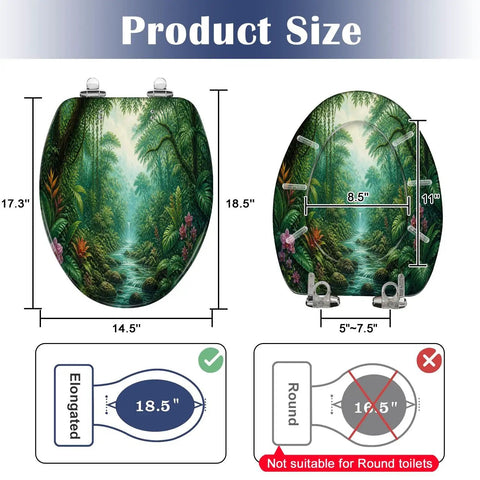 Elongated Tropical Rainforest Stream Waterfall Vibrant Plants Toilet Seat with size guide and measurements.