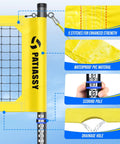 Heavy Duty Volleyball Net Set For Backyard And Beach Play With Anti Sag Winch 32Ft Reinforced Net Height Adjustable RustResistant Aluminum Poles Portable Carry Bag Easy Setup And Tension System with enhanced PVC strength, scoring pole, and drainage hole details.