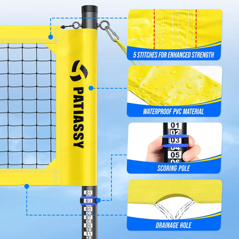 Heavy Duty Volleyball Net Set For Backyard And Beach Play With Anti Sag Winch 32Ft Reinforced Net Height Adjustable RustResistant Aluminum Poles Portable Carry Bag Easy Setup And Tension System with enhanced PVC strength, scoring pole, and drainage hole details.