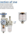 Diagram showing One Quarter Inch NPT Compressed Air Filter Regulator Lubricator Combo with airflow directions.