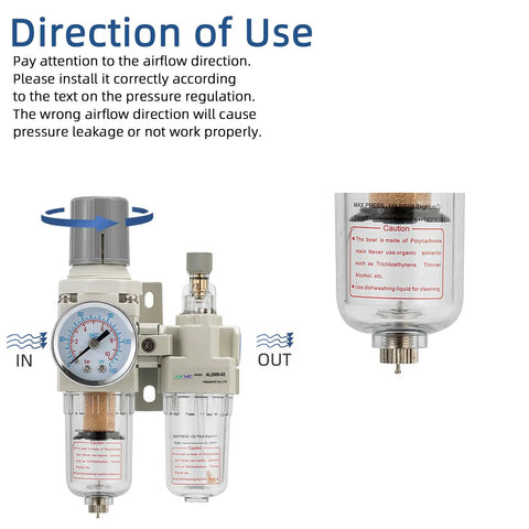 Diagram showing One Quarter Inch NPT Compressed Air Filter Regulator Lubricator Combo with airflow directions.