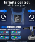 Control panel of No Sweat Brushless Cordless Impact Wrench with forward, reverse, and lock modes for versatile use.