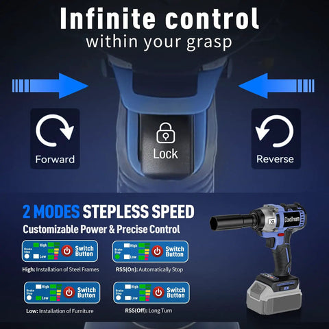 Control panel of No Sweat Brushless Cordless Impact Wrench with forward, reverse, and lock modes for versatile use.