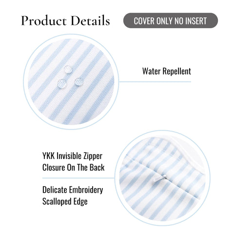 Product details of Coastal Throw Pillow Cover With Scalloped Edge, Water Repellent 20x20 Inches, Baby Blue Stripes, Indoor Outdoor Cushion Cover