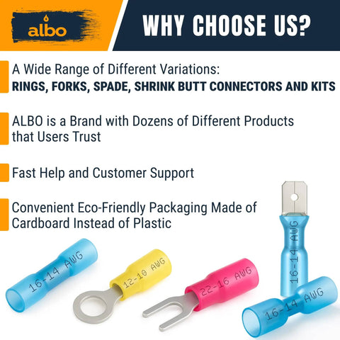 Product image showing 250 Pcs Heat Shrink Ring Terminal Kit Set For 22 To 10 AWG Waterproof Tinned Copper Ring Terminals with text descriptions