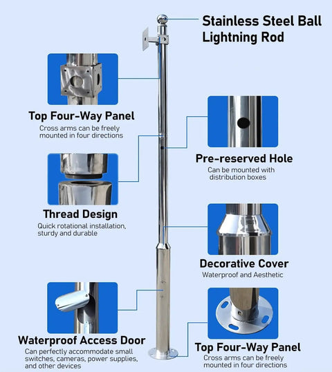 Heavy Duty Stainless Steel Outdoor Security Camera Pole Mount Bracket, Portable 11.4 Ft Surveillance Stand with Three Cross Arm Options for Dome, Gun-Type, or Wide-View Cameras, Weather Resistant