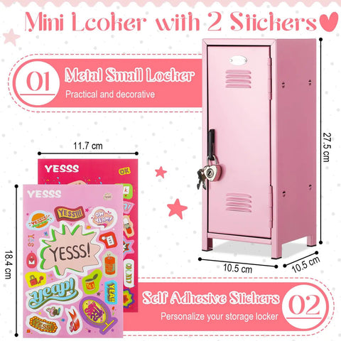 Fresh Pink Metal Mini Locker With Secure Lock And Keys Compact Desktop Organizer For Home Office Decor Steel Storage Unit dimensions and stickers.