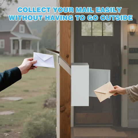Through Wall Drop Box With Lock For Secure Mail And Payments Wall Mailbox With Rainproof Cover And 10 Inch Adjustable Chute Heavy Duty Locking Deposit Safe For Mail Rent Cash And Documents Off White showing hands transferring mail through the wall.