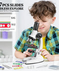 Awesome 65 Piece Kids Microscope Kit With 100X To 1200X Magnification Includes 12 Specimens 45 Blank Slides Tweezers Dropper Culture Dish Storage Box And Guide For Ages 3 To 13, boy using microscope