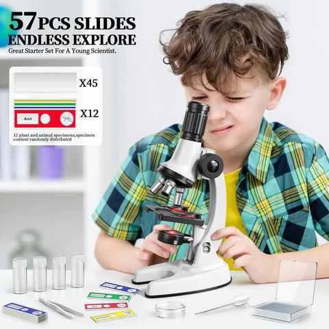 Awesome 65 Piece Kids Microscope Kit With 100X To 1200X Magnification Includes 12 Specimens 45 Blank Slides Tweezers Dropper Culture Dish Storage Box And Guide For Ages 3 To 13, boy using microscope
