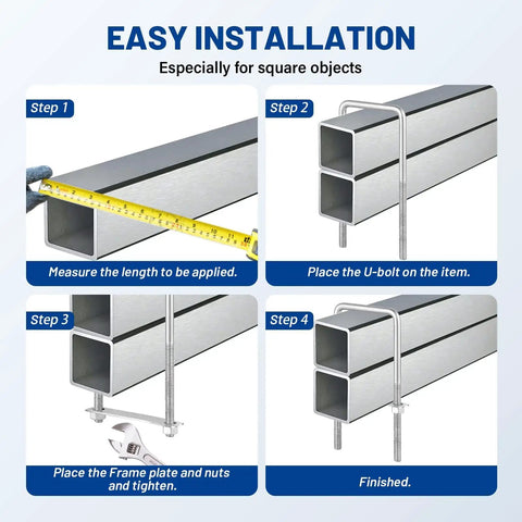 Installation steps of Beefy Heavy Duty Square U Bolts Kit With Frame Plates And Nuts Three Eighths Inch Diameter By Three Inch Wide By Seven Inch Long Stainless Steel U Clamp Bolts For Cars Trailers Ski Boats Tubes And Sailboats