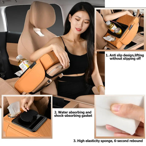 5 In 1 Armrest Cushion Organizer For Sedans With Side Storage Pockets Cup Holder Tissue Box Slot Phone Slot And Interior Car Organizer Black displayed in use in sedan
