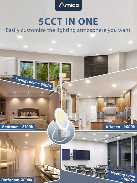 14 Pack 6 Inch Ultra Thin LED Recessed Ceiling Light With Junction Box No Fuss 5CCT Selectable shown in living room, bedroom, kitchen settings.