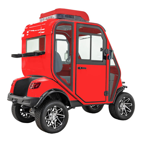 Rugged Electric Golf Cart Featuring True HVAC Heating And Climate Control 48V Ac Motor Smooth Handling Chassis glossy red exterior
