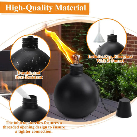 Six Pack Citronella Tabletop Torches For Outdoor Vibes, 25 Oz Metal Oil Burners With Fiberglass Wick, Weatherproof Garden Lighting