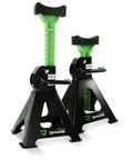 Front view of two 3-ton adjustable floor jack stands with green posts and black bases, DriveUp.