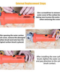 Step-by-step guide showing installation of 30 Pcs Electric Motor Carbon Brushes Set With 10 Assorted Sizes Replacement Kit on an orange power tool.